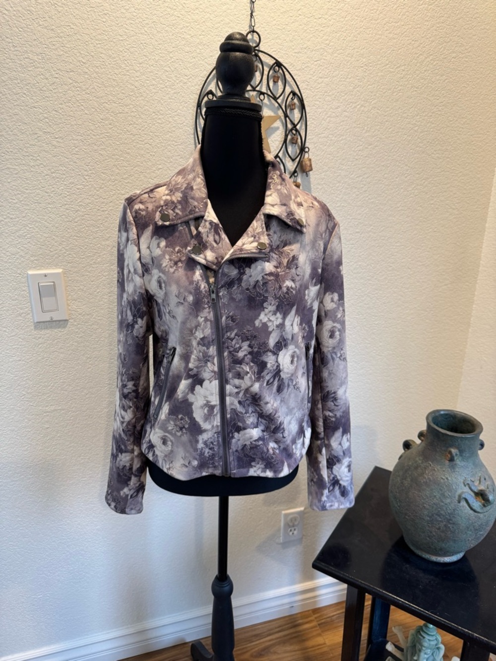 Solitaire Lavender Gray Floral Moto Jacket